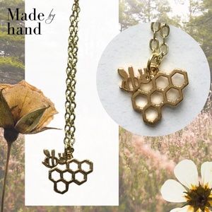 Honeycomb with One Bee - Gold Plated Necklace
